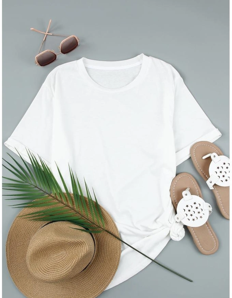 White Round Neck Rolled Sleeve Plus Size T-shirt