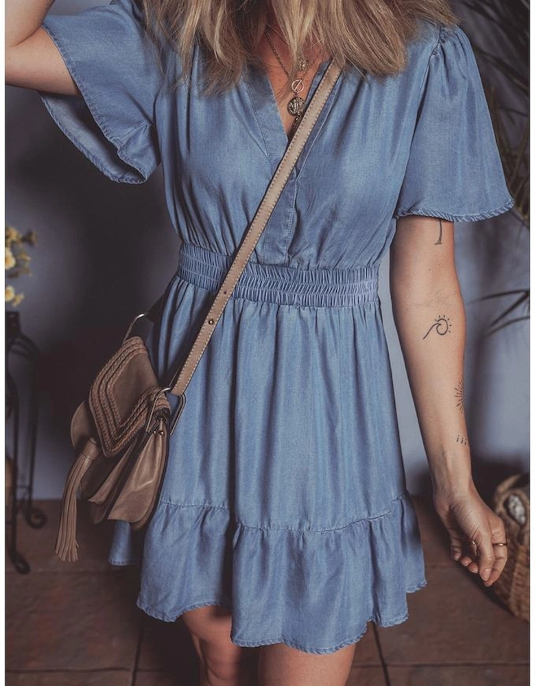 Ashleigh Blue Ruffled V Neck Smocked High Waist Denim Mini Dress