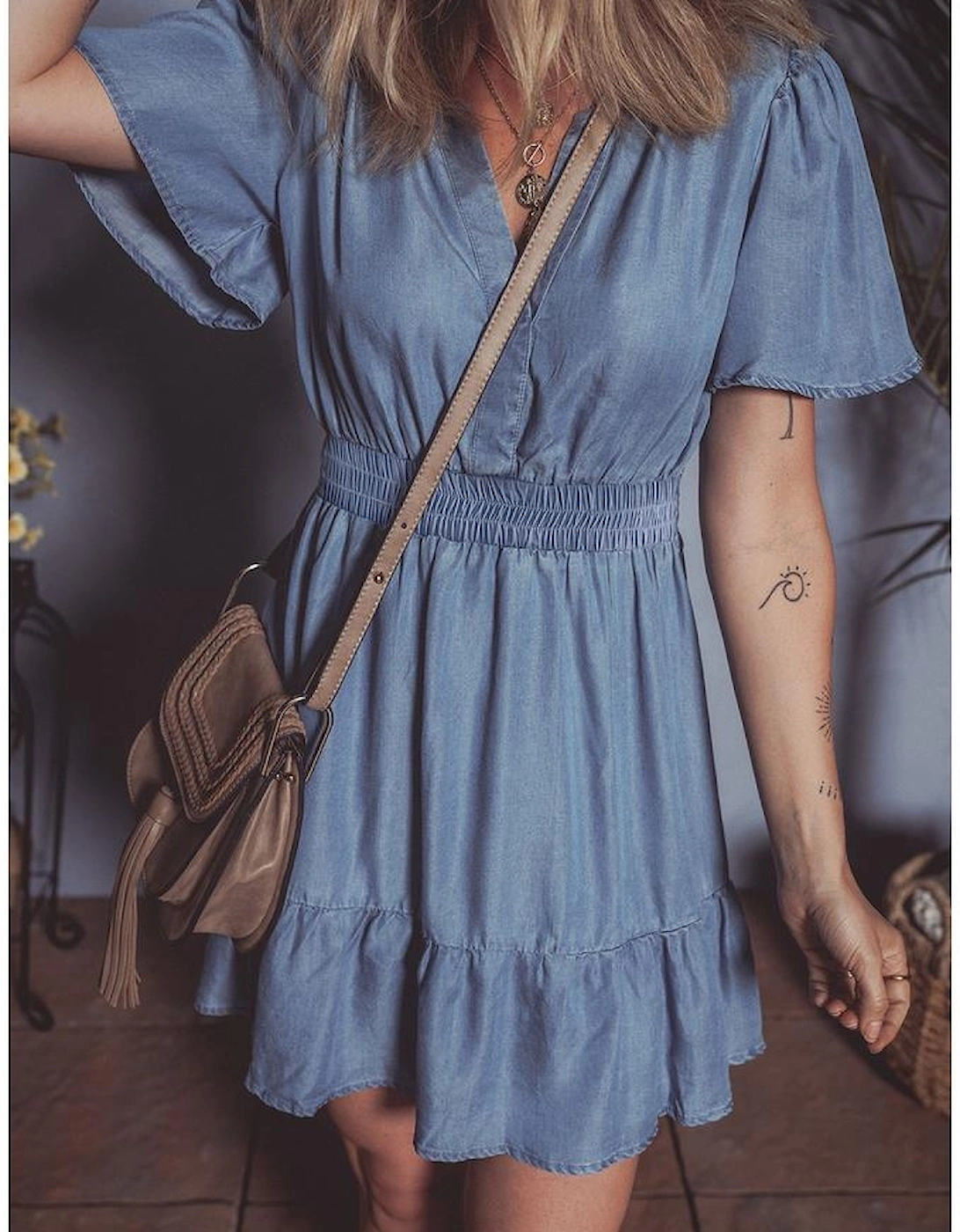 Ashleigh Blue Ruffled V Neck Smocked High Waist Denim Mini Dress