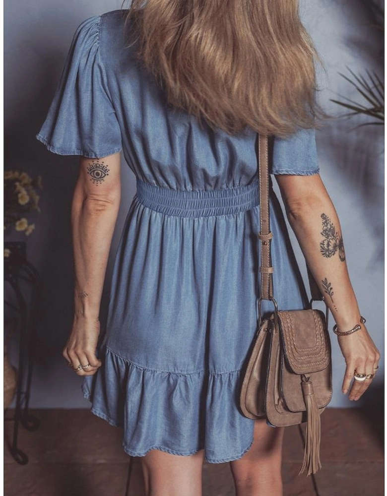 Ashleigh Blue Ruffled V Neck Smocked High Waist Denim Mini Dress