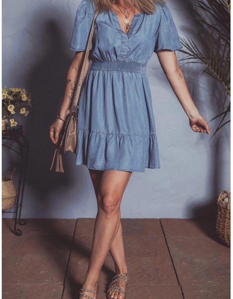 Ashleigh Blue Ruffled V Neck Smocked High Waist Denim Mini Dress