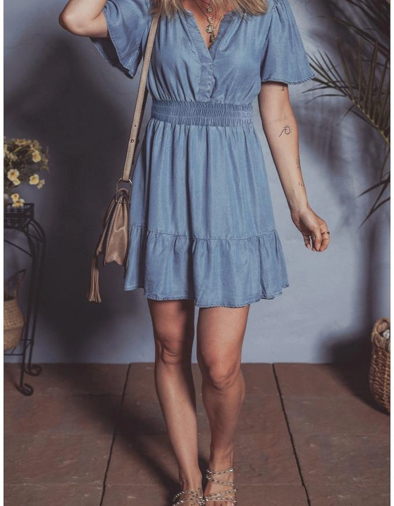 Ashleigh Blue Ruffled V Neck Smocked High Waist Denim Mini Dress