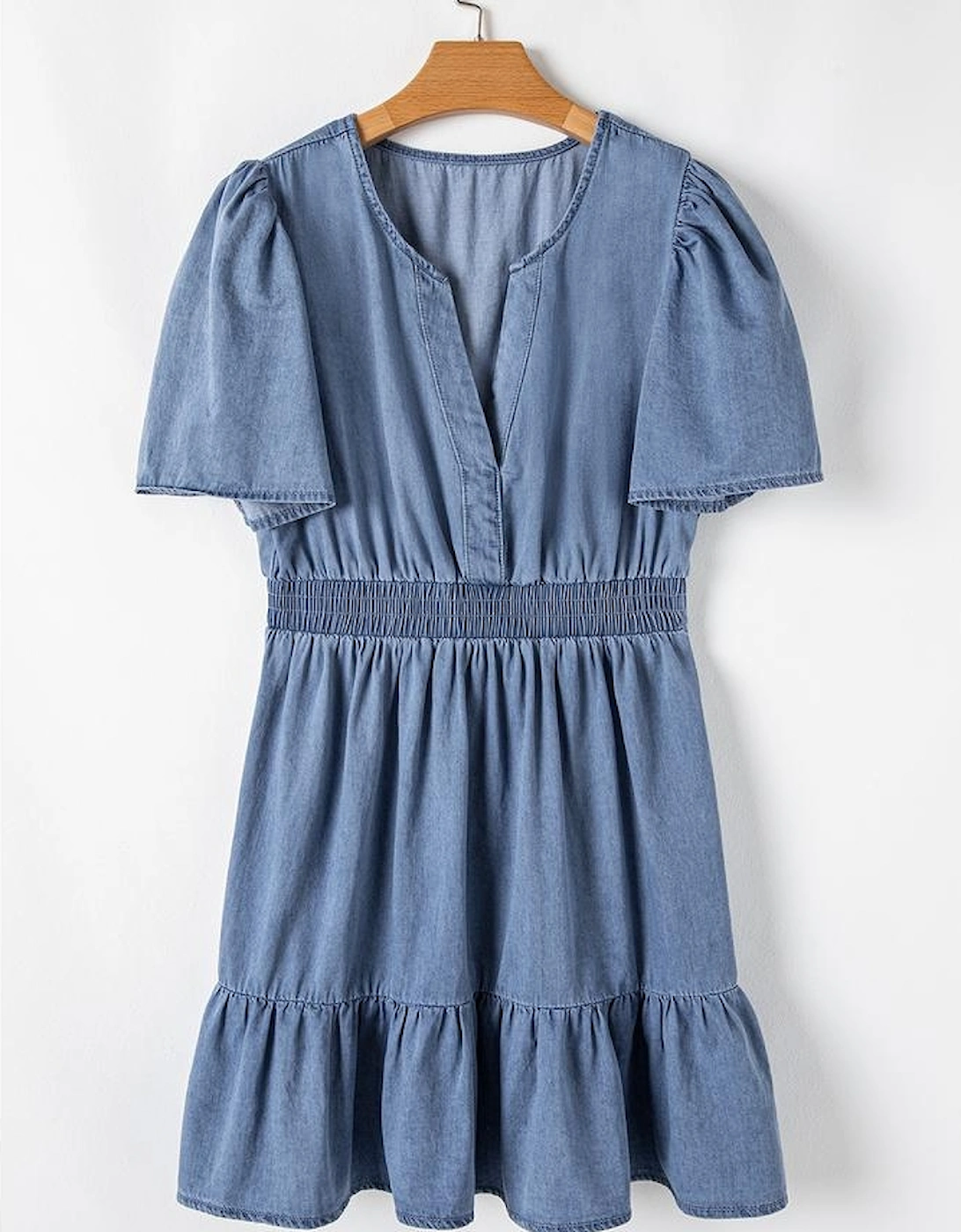 Ashleigh Blue Ruffled V Neck Smocked High Waist Denim Mini Dress