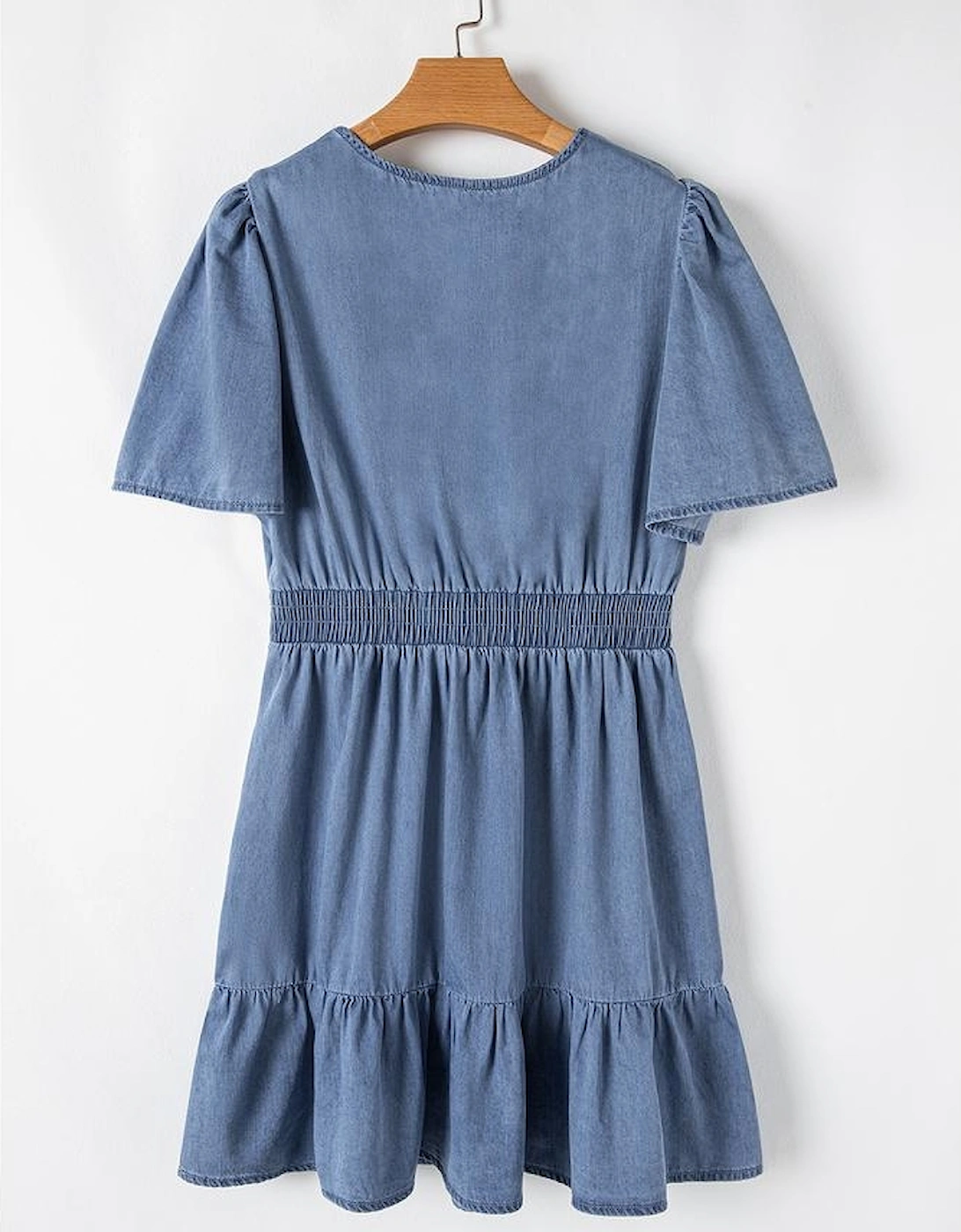 Ashleigh Blue Ruffled V Neck Smocked High Waist Denim Mini Dress