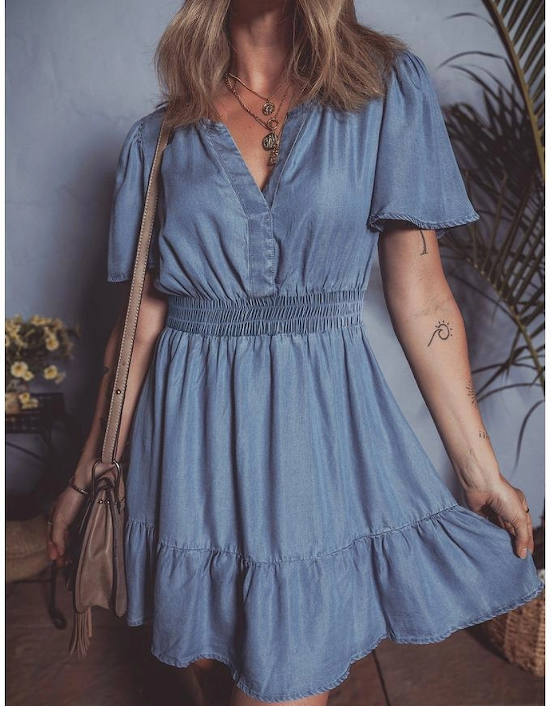 Ashleigh Blue Ruffled V Neck Smocked High Waist Denim Mini Dress