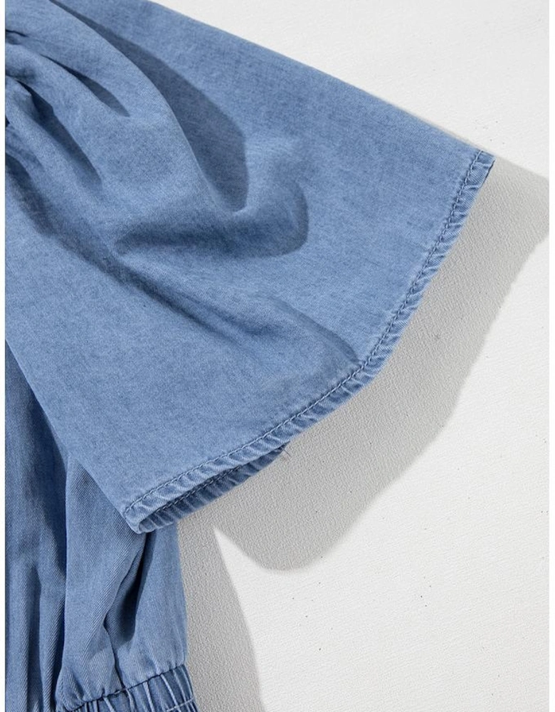 Ashleigh Blue Ruffled V Neck Smocked High Waist Denim Mini Dress