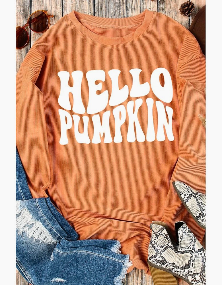Orange HELLO PUMPKIN Letter Graphic Corded Sweatshirt