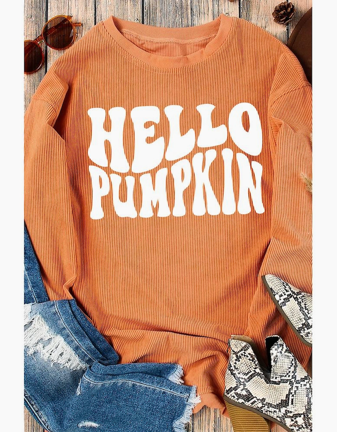 Orange HELLO PUMPKIN Letter Graphic Corded Sweatshirt