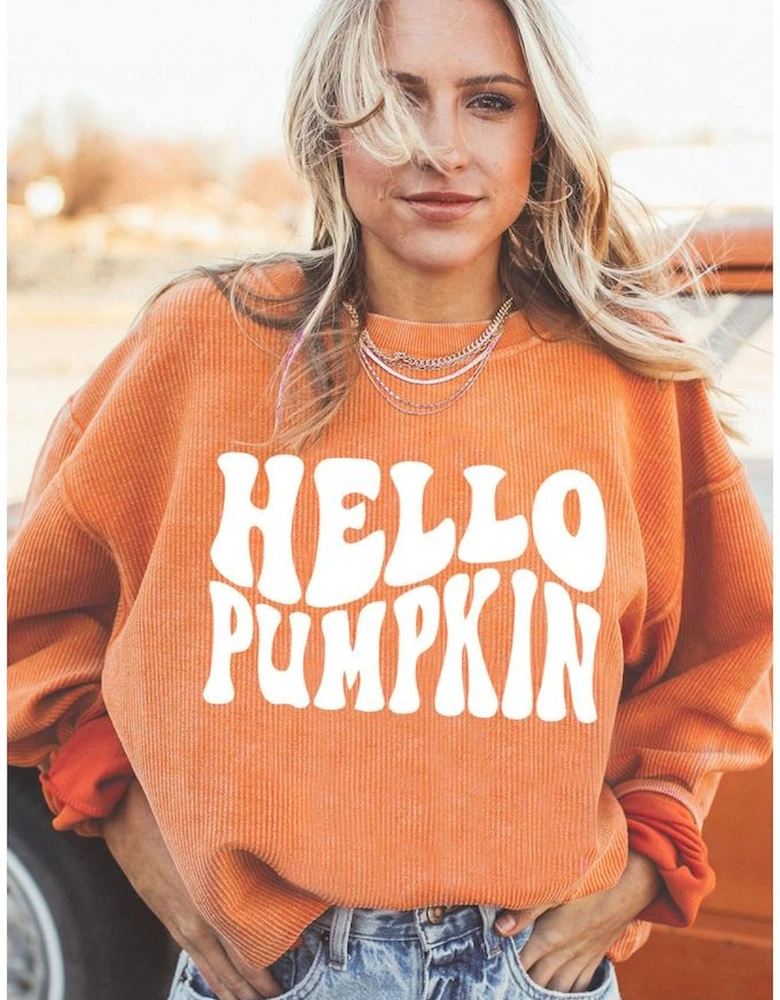 Orange HELLO PUMPKIN Letter Graphic Corded Sweatshirt