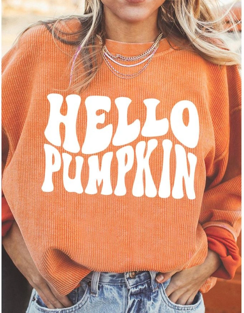 Orange HELLO PUMPKIN Letter Graphic Corded Sweatshirt