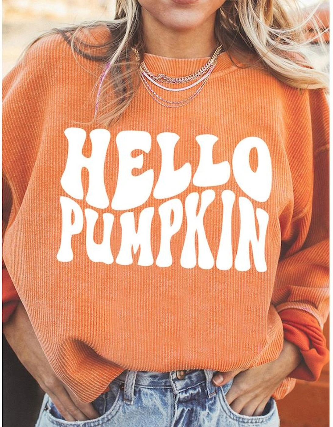 Orange HELLO PUMPKIN Letter Graphic Corded Sweatshirt