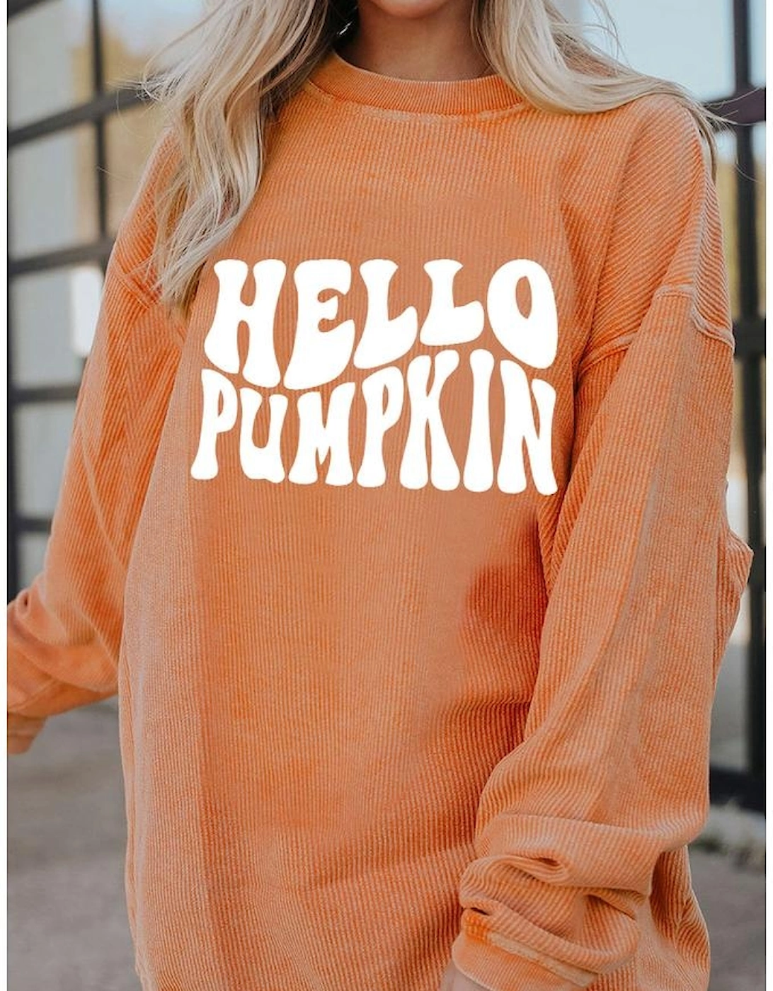 Orange HELLO PUMPKIN Letter Graphic Corded Sweatshirt