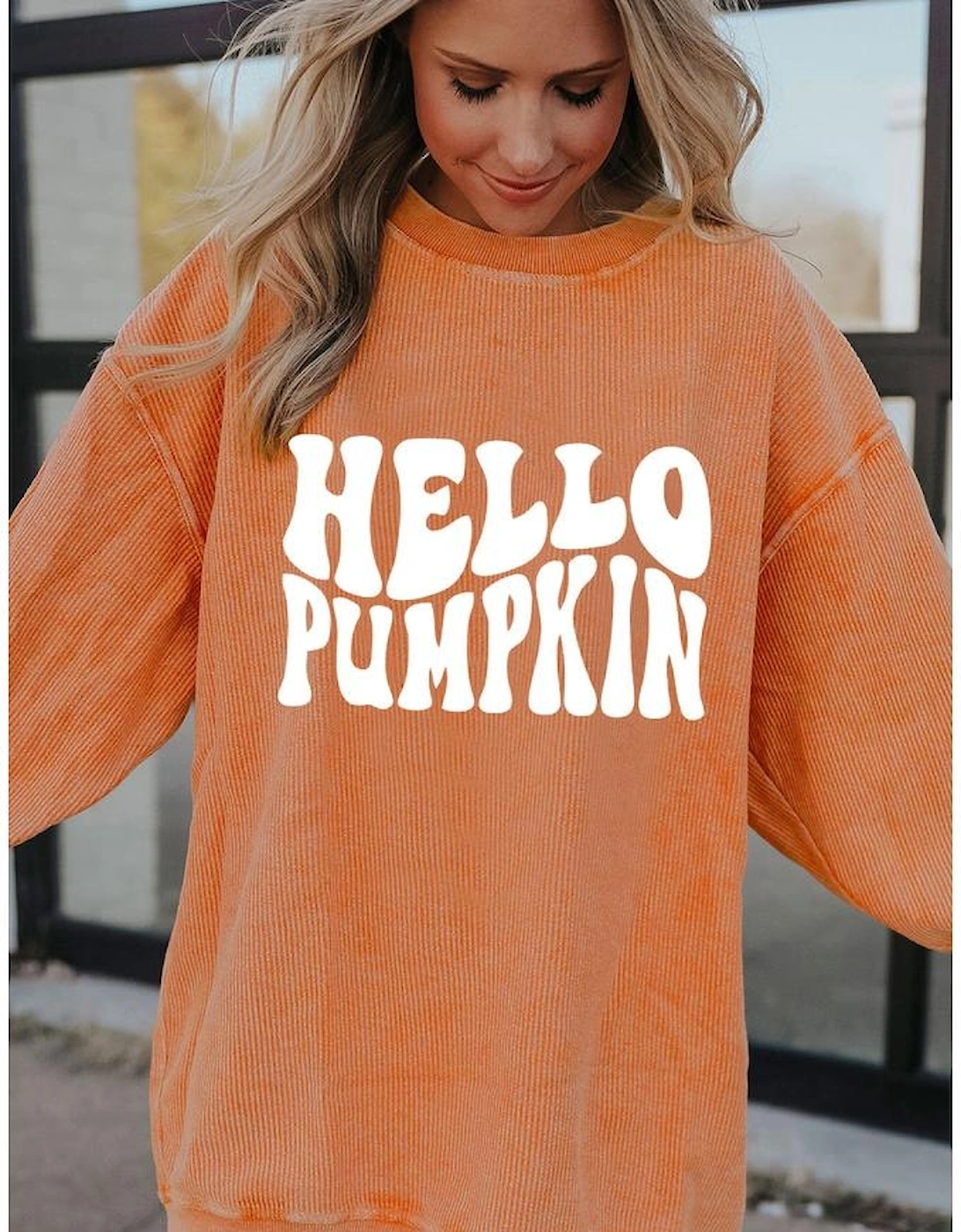 Orange HELLO PUMPKIN Letter Graphic Corded Sweatshirt