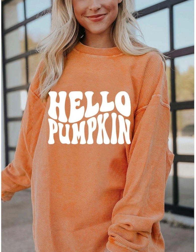 Orange HELLO PUMPKIN Letter Graphic Corded Sweatshirt
