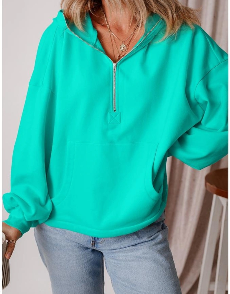 Aruba Blue Fleece Lined Half Zipper Kangaroo Pockets Loose Hoodie