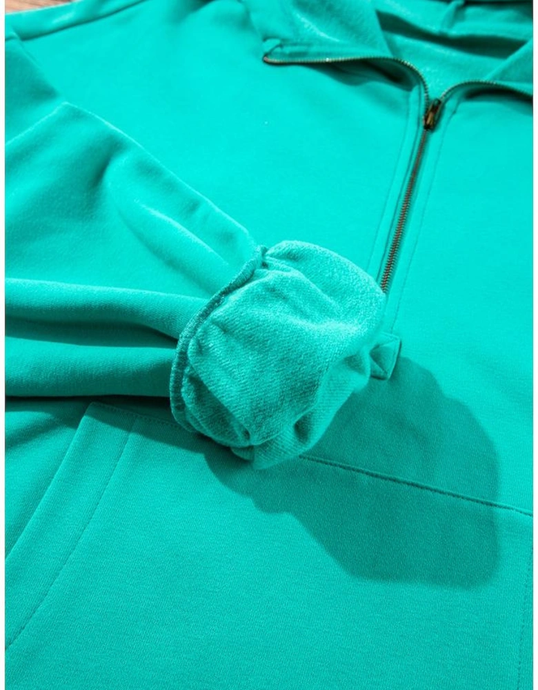 Aruba Blue Fleece Lined Half Zipper Kangaroo Pockets Loose Hoodie