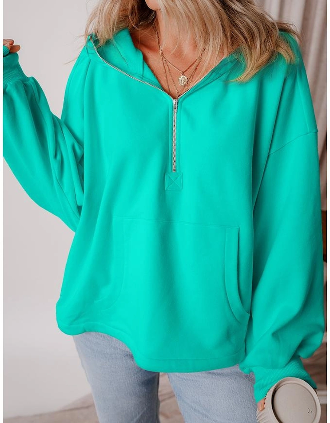 Aruba Blue Fleece Lined Half Zipper Kangaroo Pockets Loose Hoodie