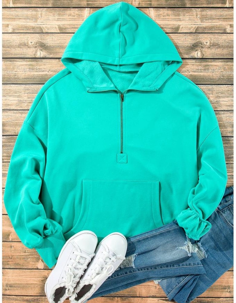 Aruba Blue Fleece Lined Half Zipper Kangaroo Pockets Loose Hoodie