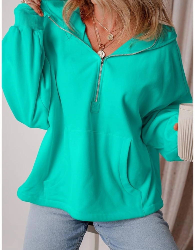 Aruba Blue Fleece Lined Half Zipper Kangaroo Pockets Loose Hoodie