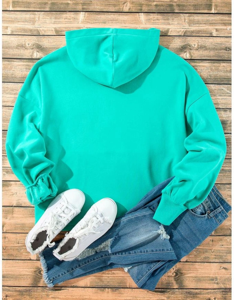 Aruba Blue Fleece Lined Half Zipper Kangaroo Pockets Loose Hoodie