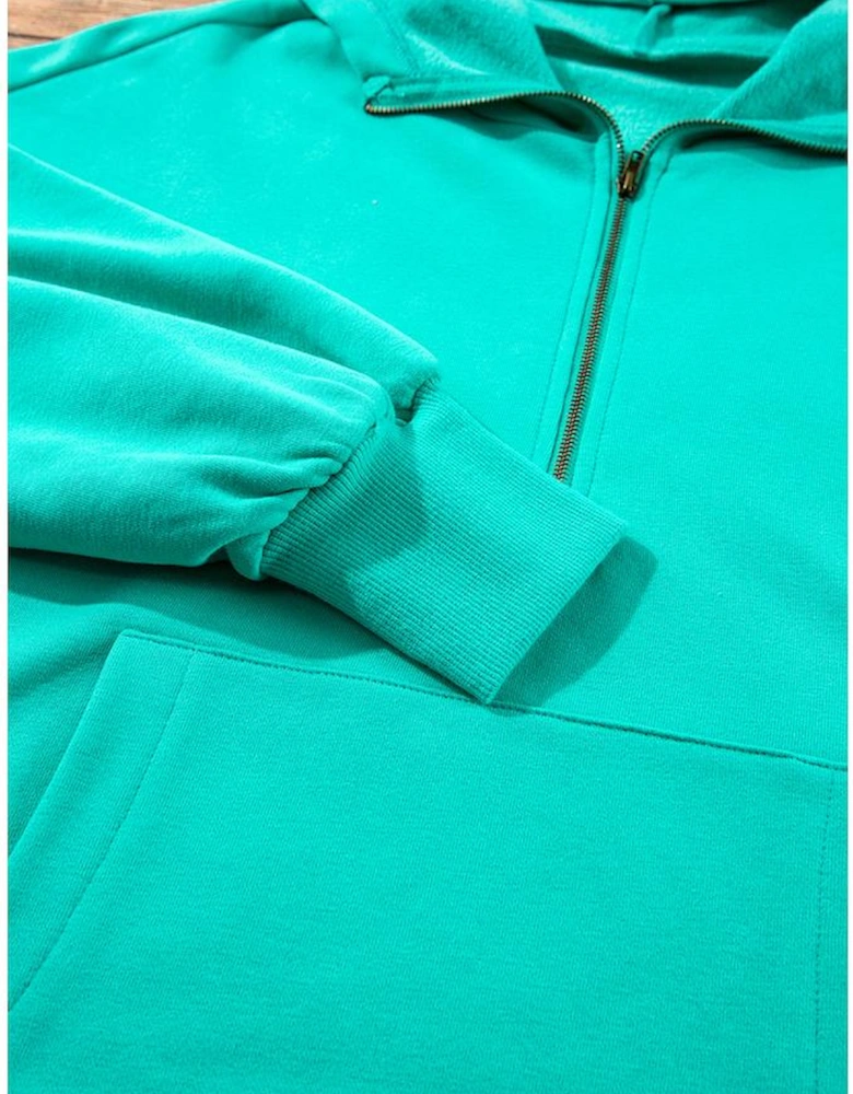 Aruba Blue Fleece Lined Half Zipper Kangaroo Pockets Loose Hoodie