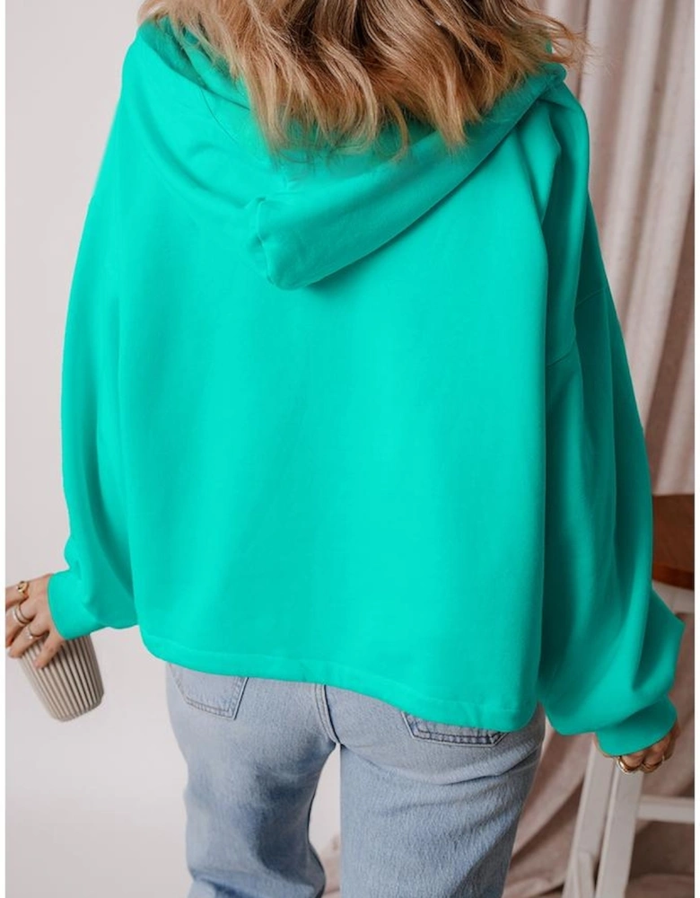 Aruba Blue Fleece Lined Half Zipper Kangaroo Pockets Loose Hoodie