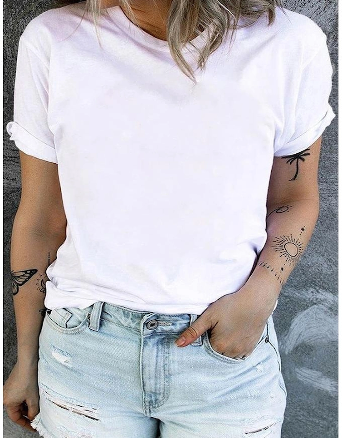 White Round Neck Rolled Sleeve Plus Size T-shirt