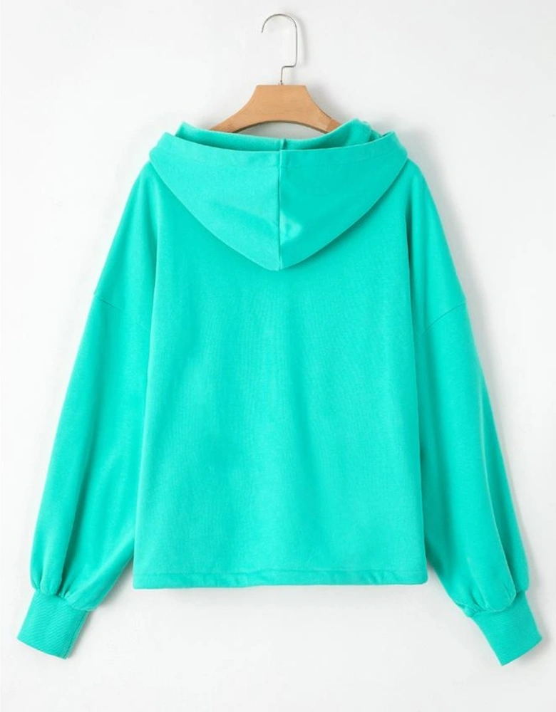 Aruba Blue Fleece Lined Half Zipper Kangaroo Pockets Loose Hoodie