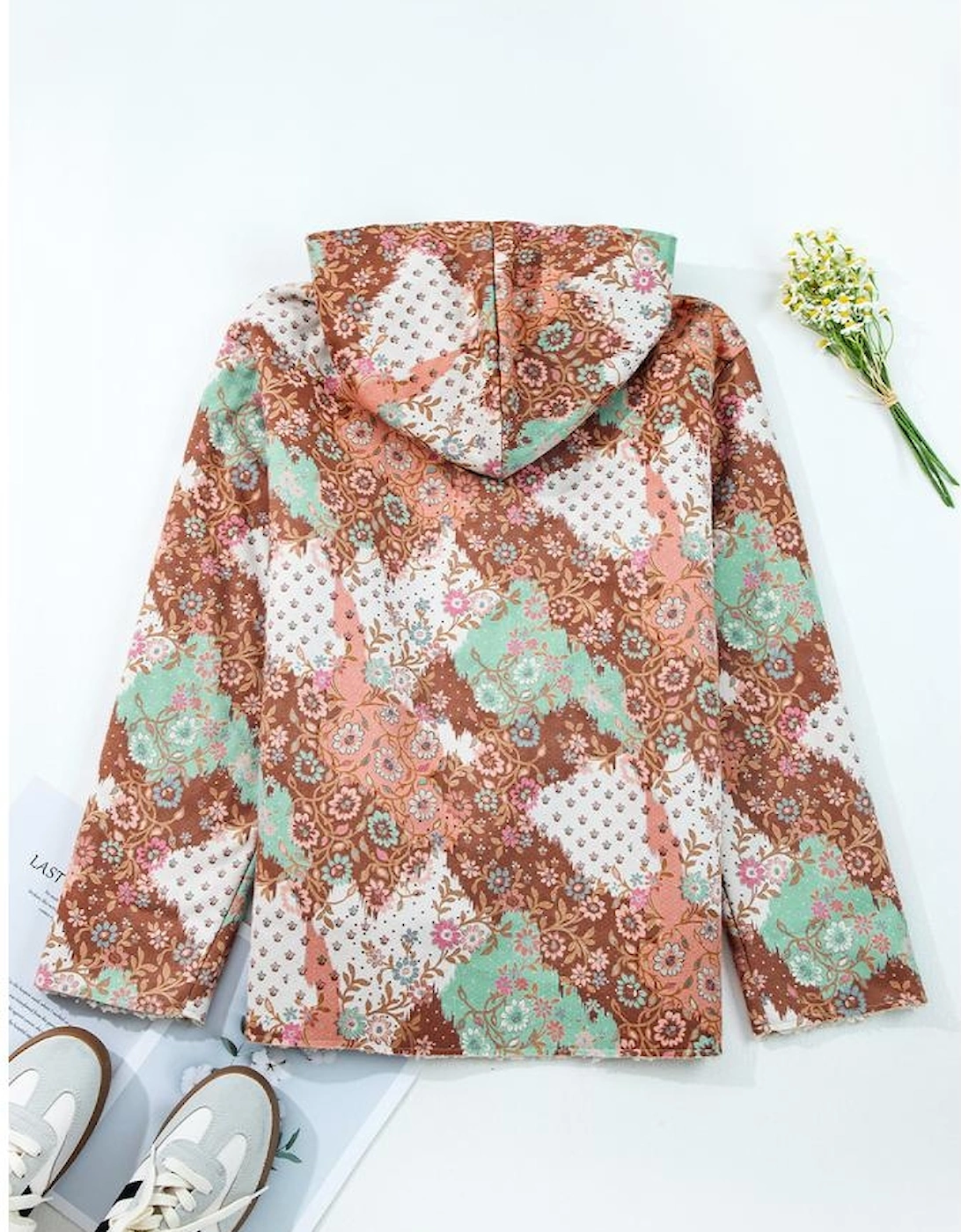 Khaki Vintage Floral Printed Sherpa Lined Hooded Jacket