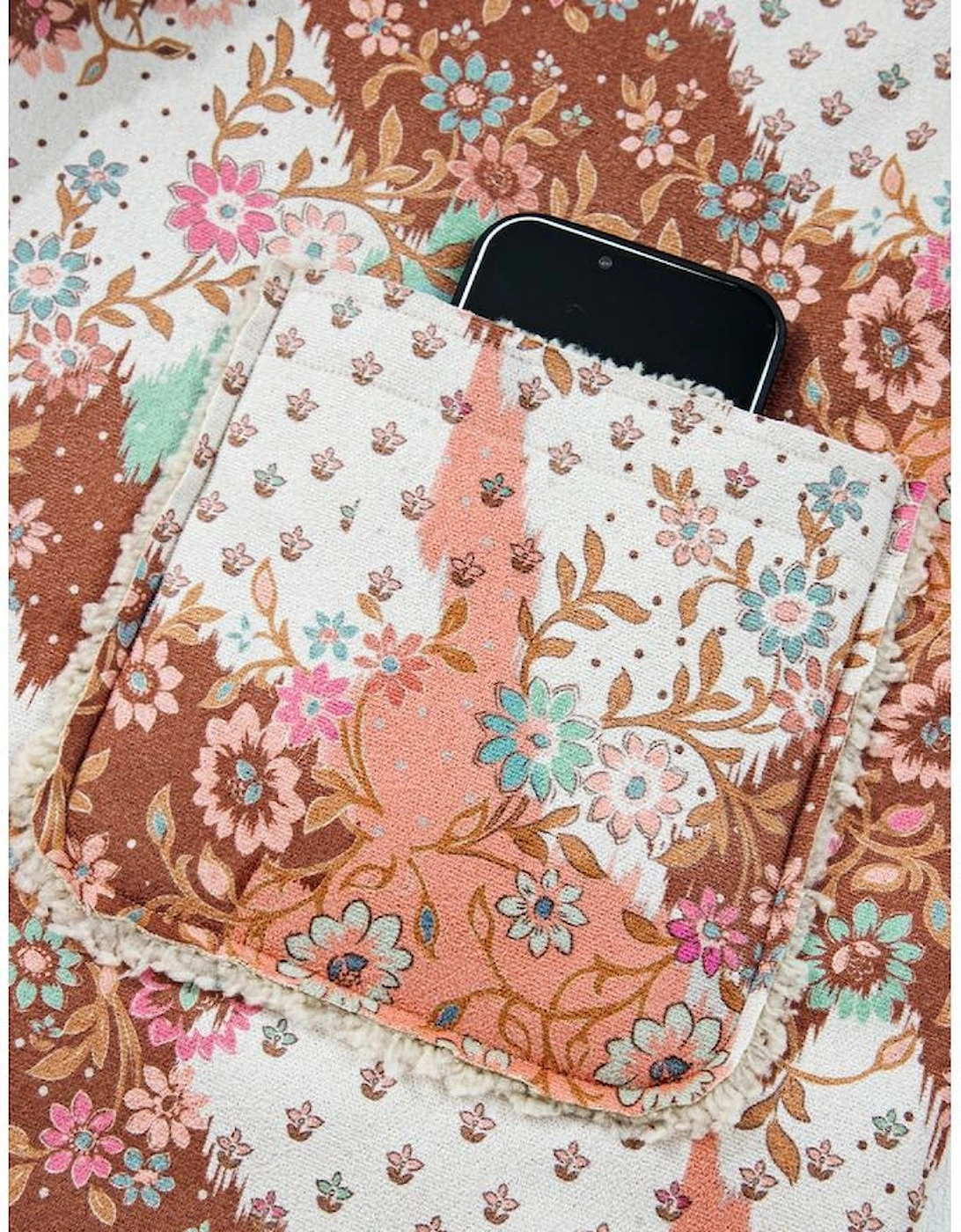 Khaki Vintage Floral Printed Sherpa Lined Hooded Jacket