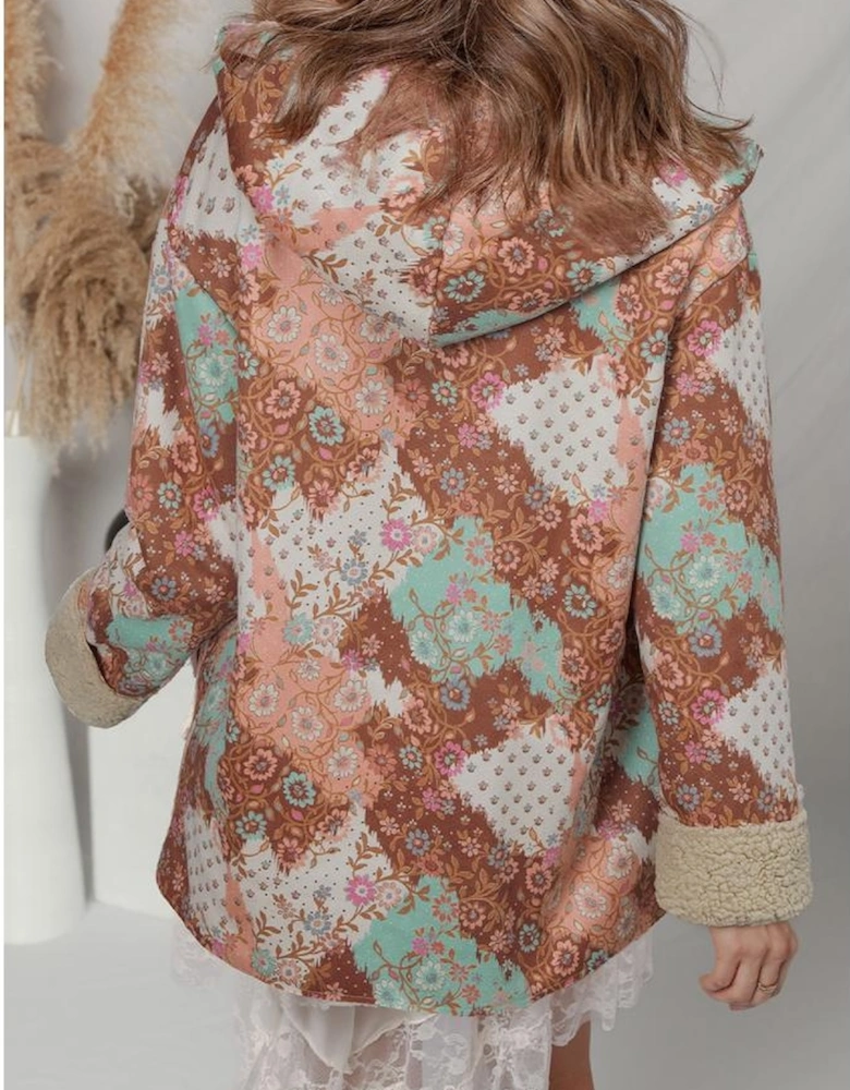 Khaki Vintage Floral Printed Sherpa Lined Hooded Jacket