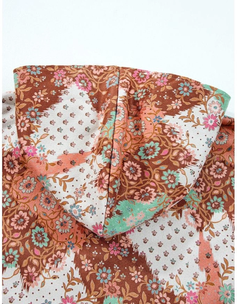 Khaki Vintage Floral Printed Sherpa Lined Hooded Jacket