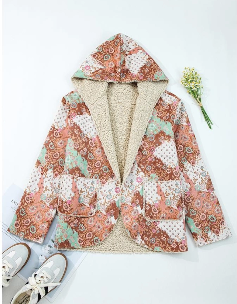 Khaki Vintage Floral Printed Sherpa Lined Hooded Jacket