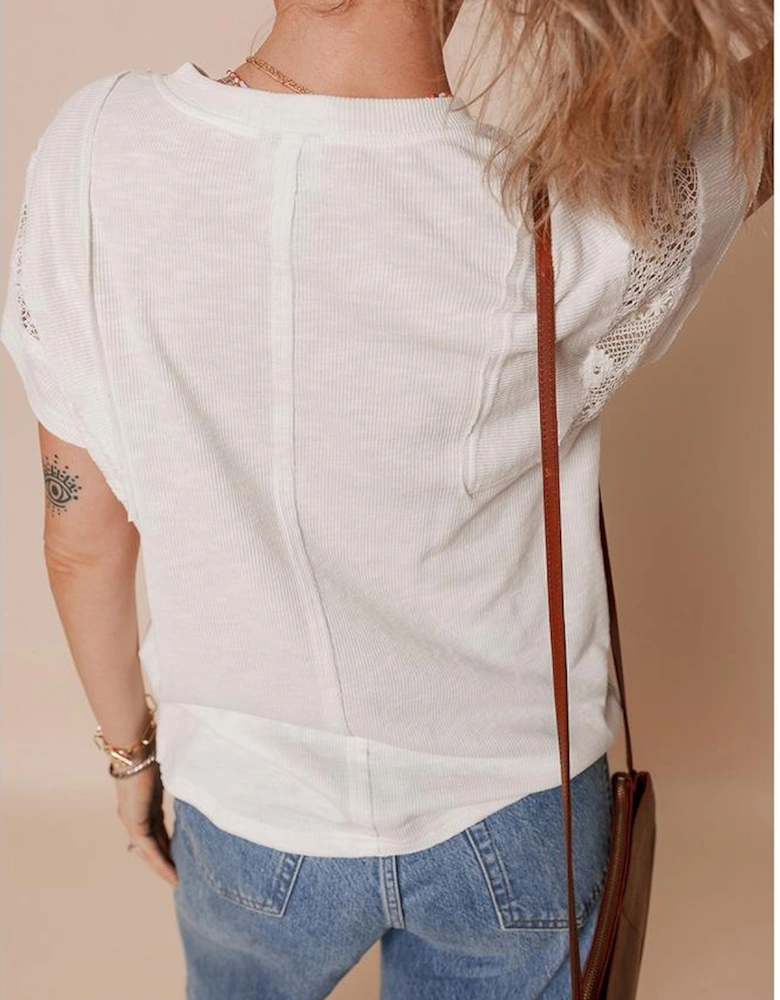 White Ribbed Texture Lace Patchwork Short Sleeve Top