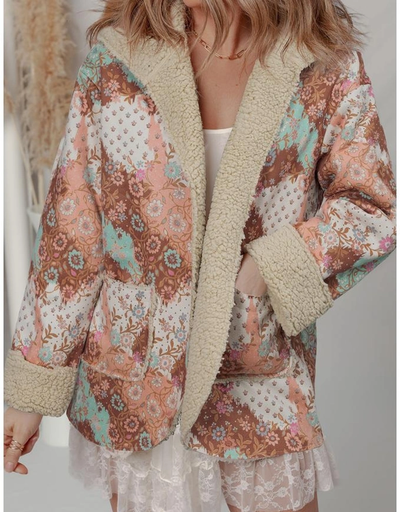 Khaki Vintage Floral Printed Sherpa Lined Hooded Jacket