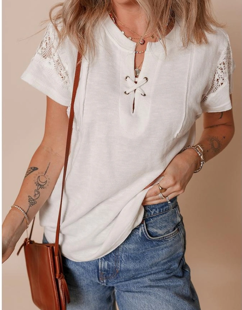 White Ribbed Texture Lace Patchwork Short Sleeve Top