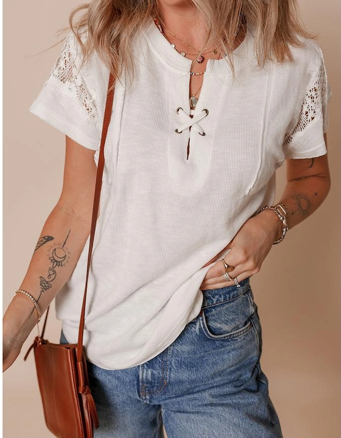 White Ribbed Texture Lace Patchwork Short Sleeve Top