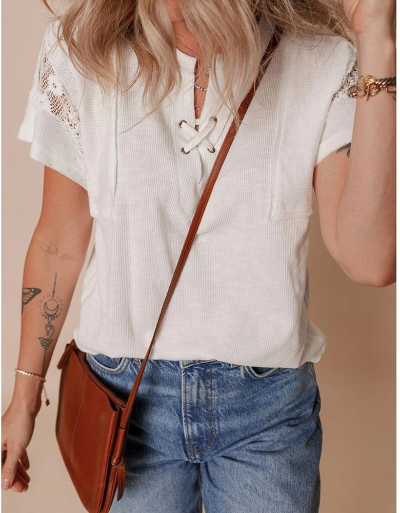White Ribbed Texture Lace Patchwork Short Sleeve Top
