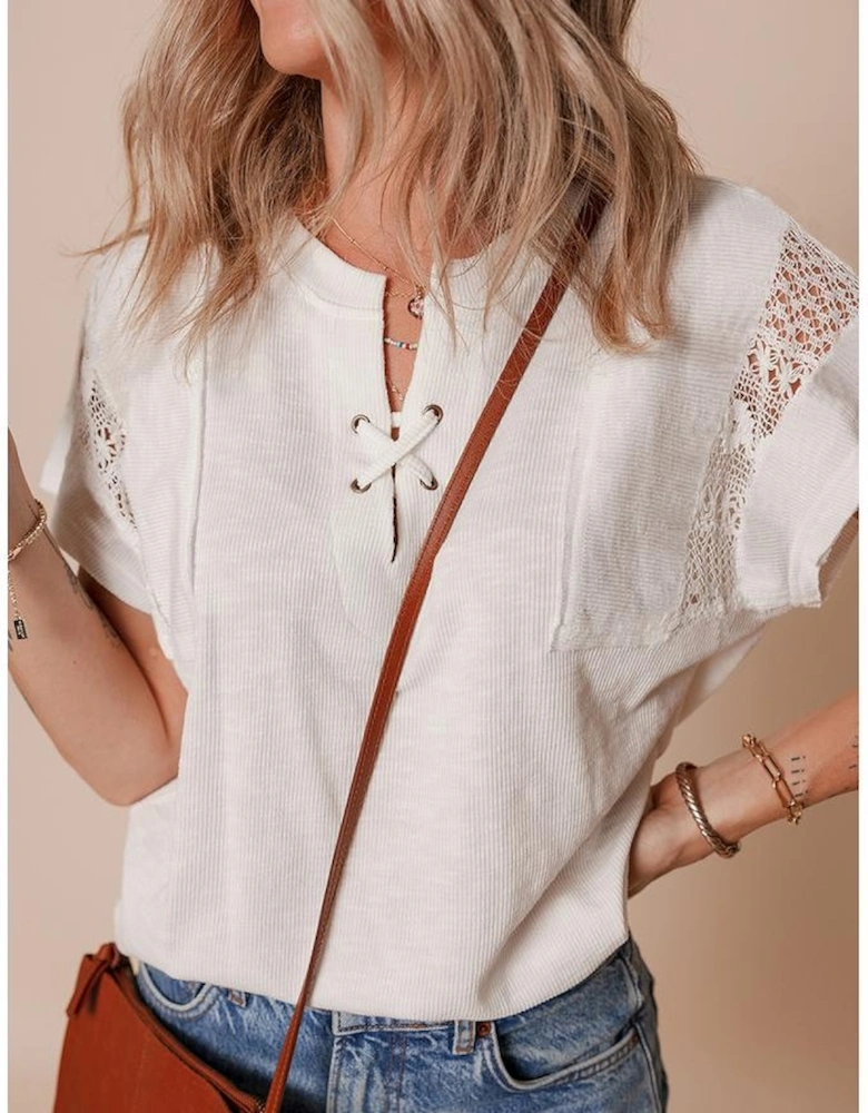 White Ribbed Texture Lace Patchwork Short Sleeve Top