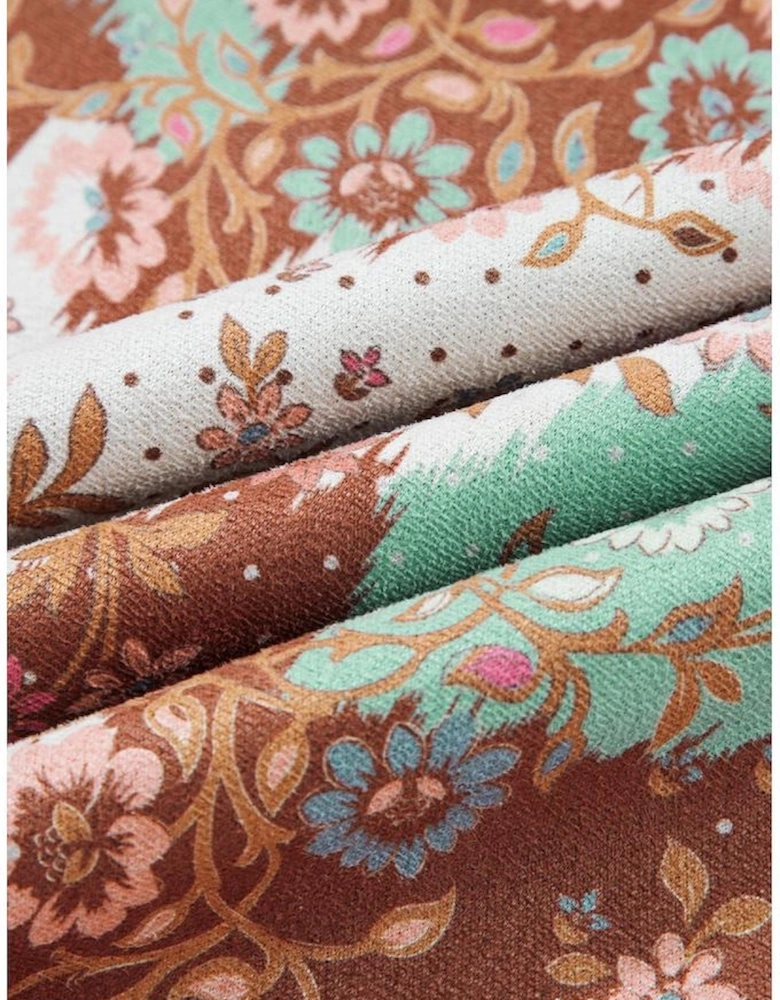 Khaki Vintage Floral Printed Sherpa Lined Hooded Jacket