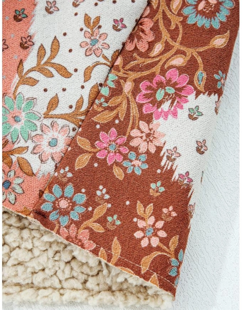 Khaki Vintage Floral Printed Sherpa Lined Hooded Jacket