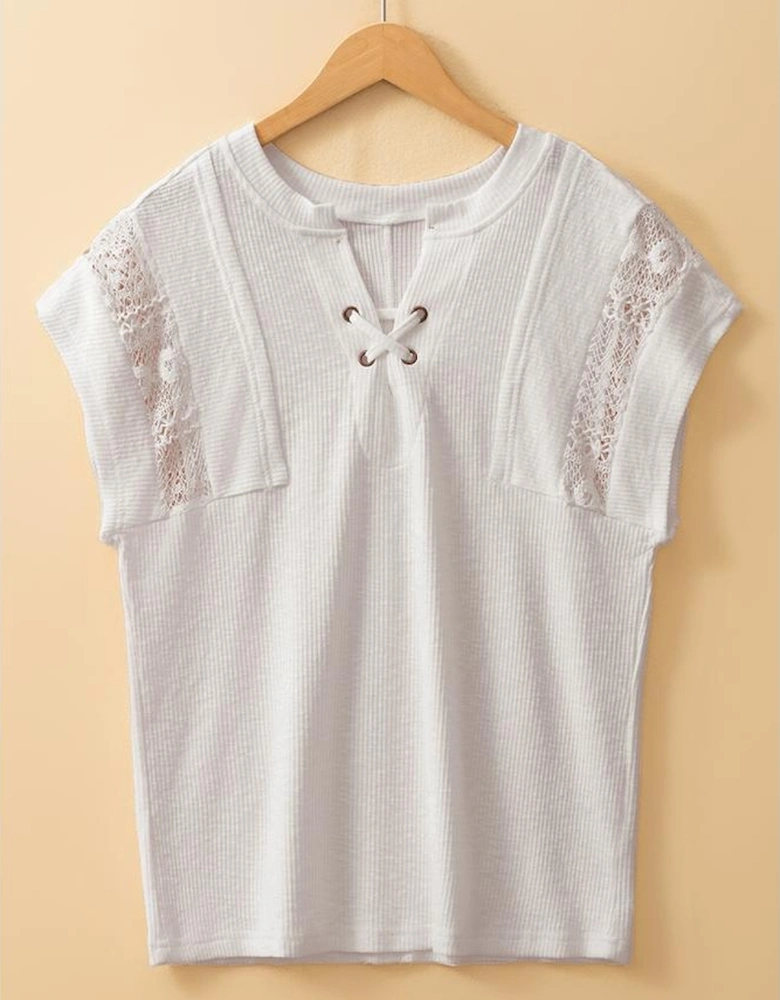White Ribbed Texture Lace Patchwork Short Sleeve Top