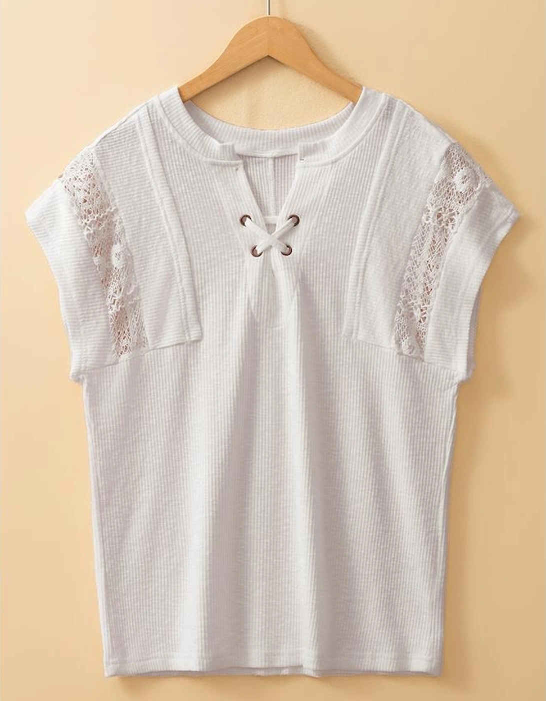 White Ribbed Texture Lace Patchwork Short Sleeve Top