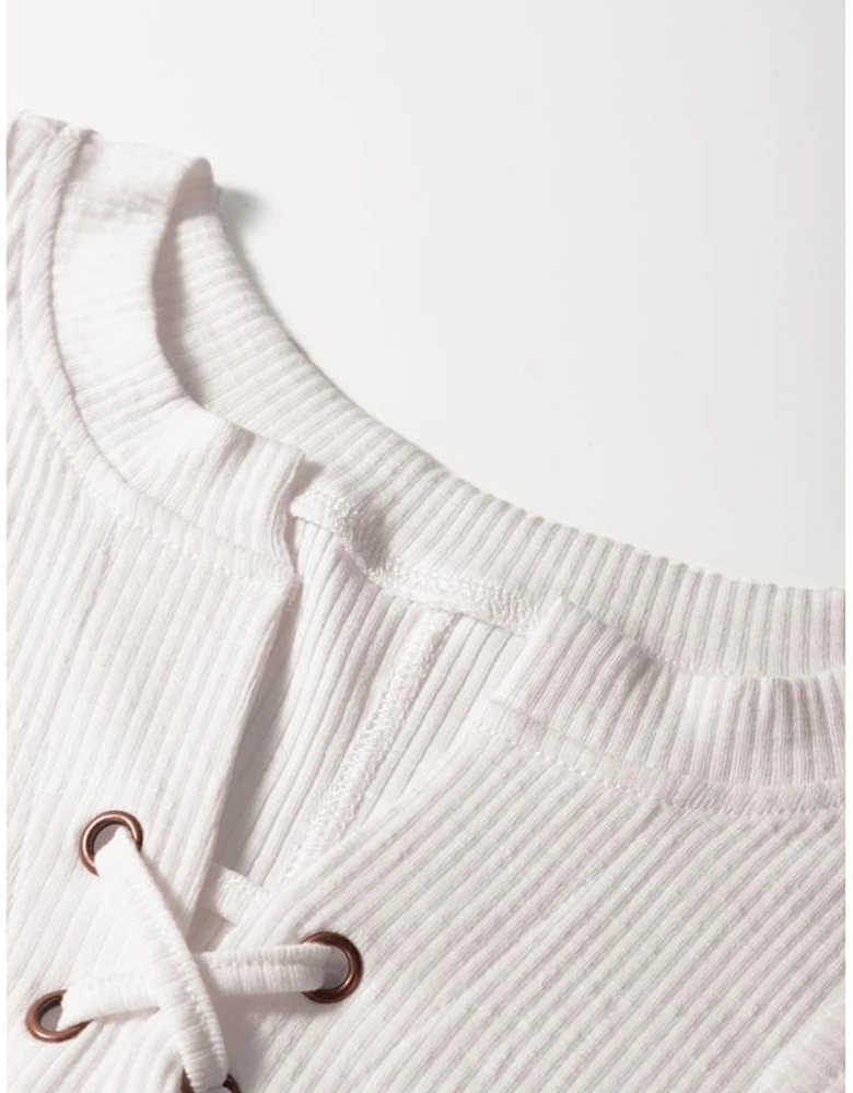 White Ribbed Texture Lace Patchwork Short Sleeve Top