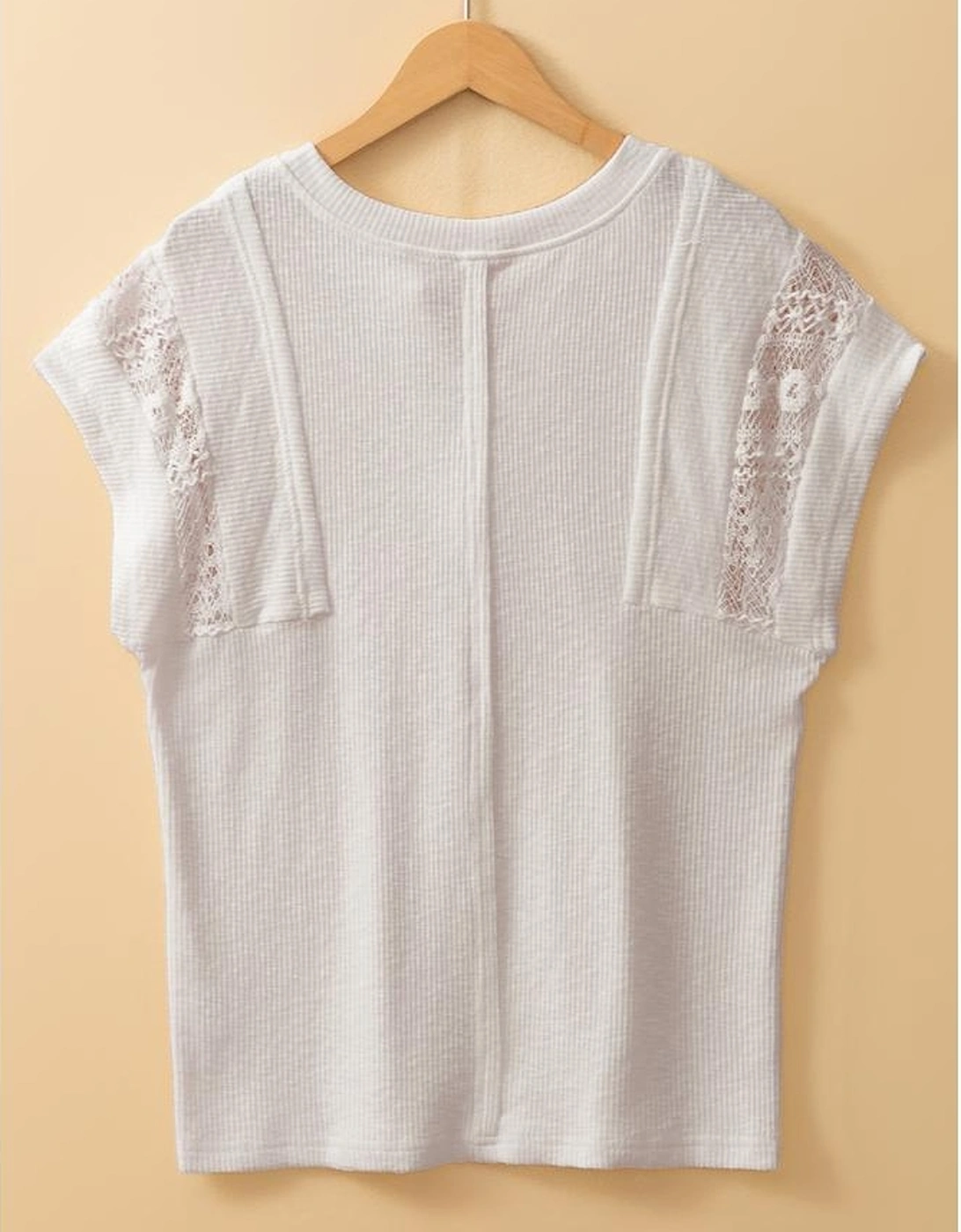 White Ribbed Texture Lace Patchwork Short Sleeve Top