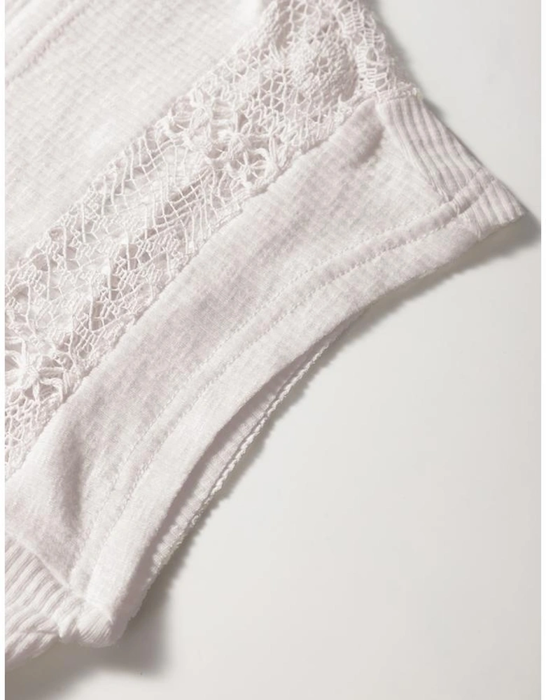 White Ribbed Texture Lace Patchwork Short Sleeve Top