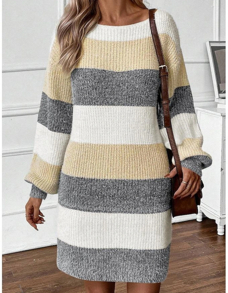 Gray Stripe Colorblock Bubble Sleeve Drop Shoulder Sweater Dress