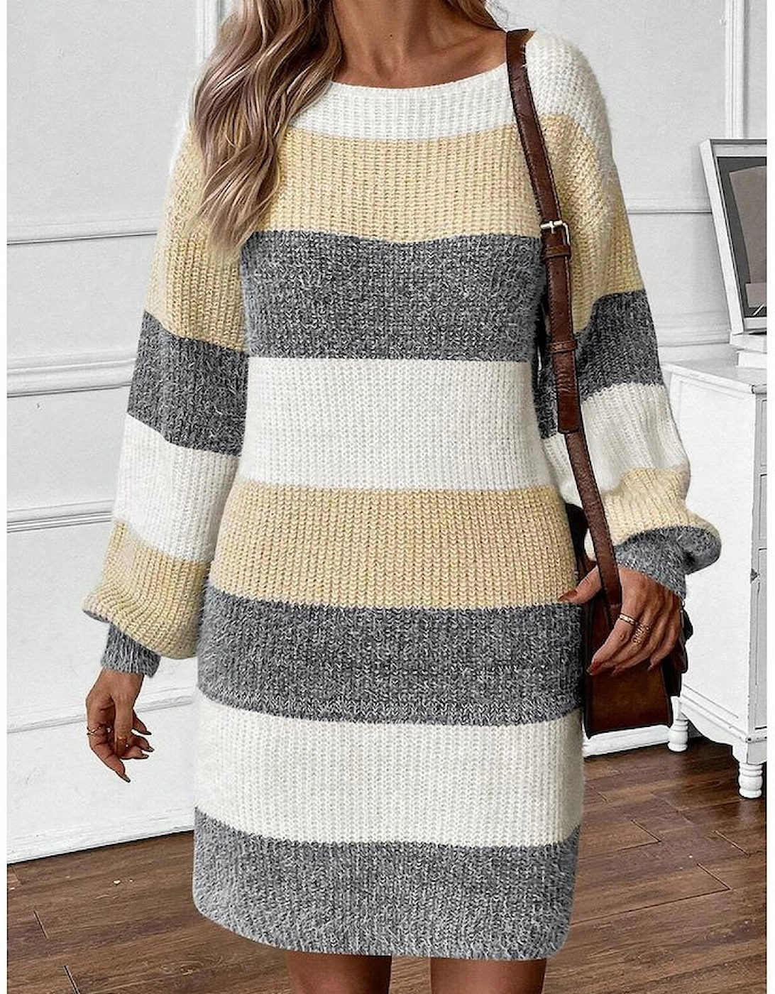 Gray Stripe Colorblock Bubble Sleeve Drop Shoulder Sweater Dress