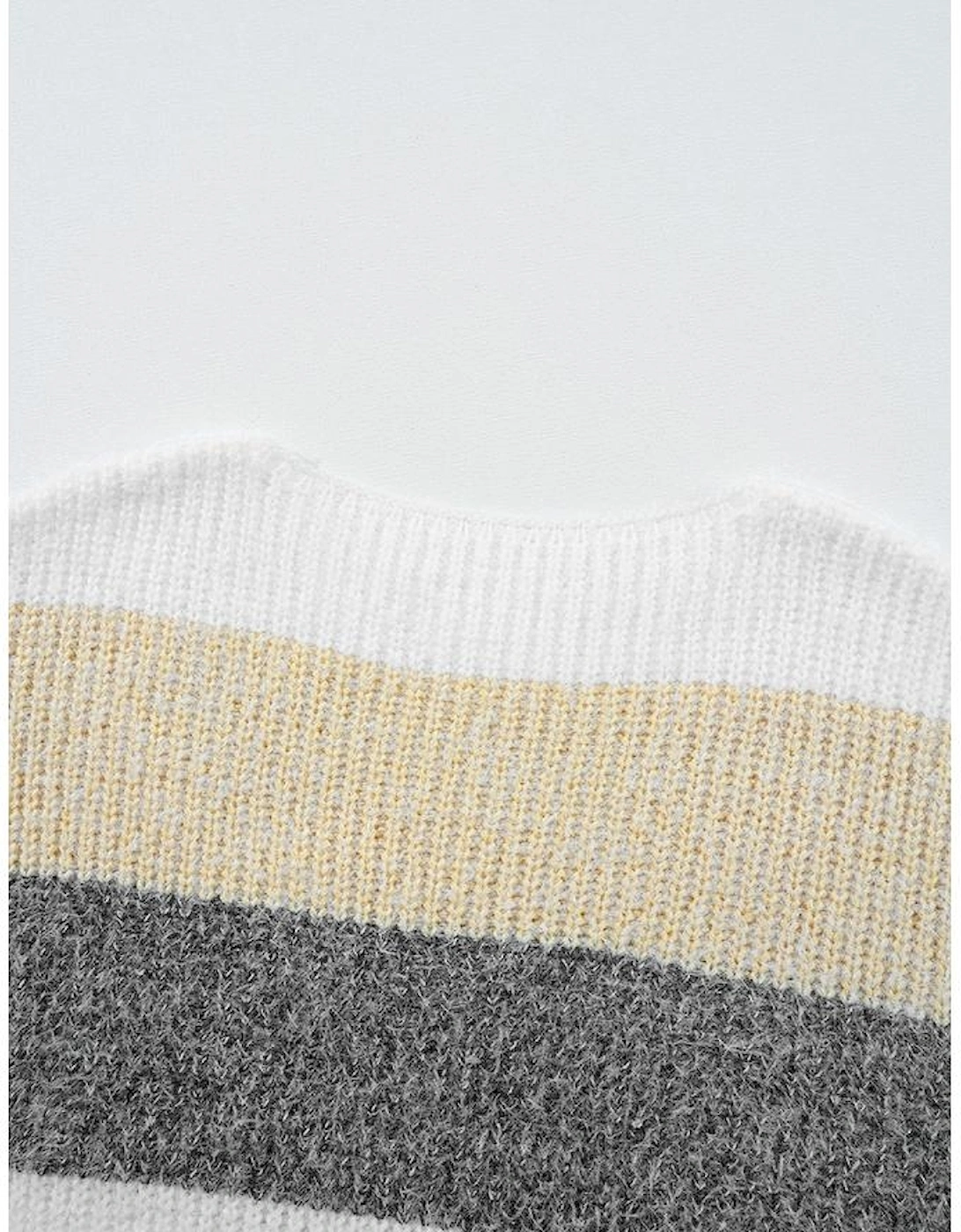 Gray Stripe Colorblock Bubble Sleeve Drop Shoulder Sweater Dress