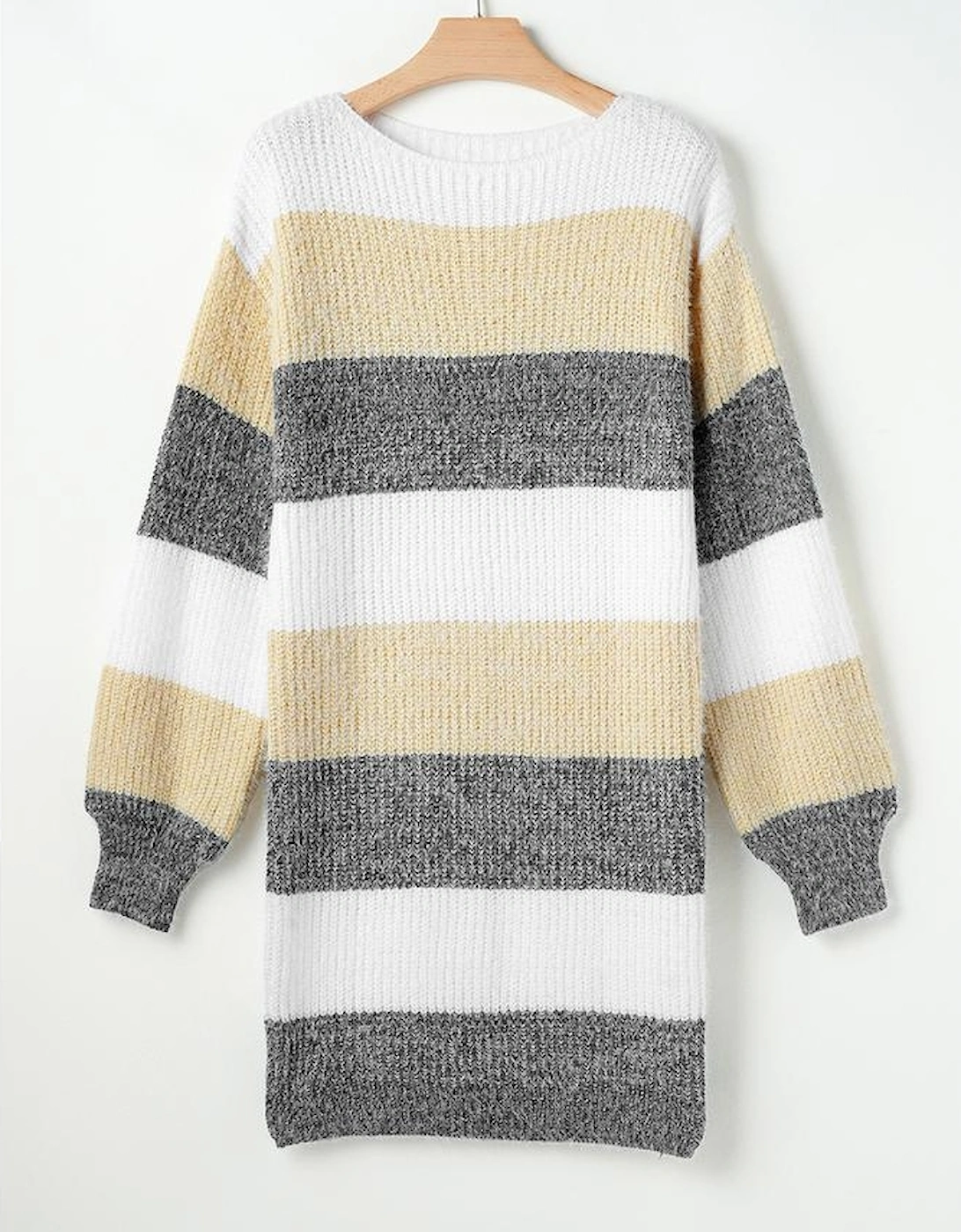 Gray Stripe Colorblock Bubble Sleeve Drop Shoulder Sweater Dress